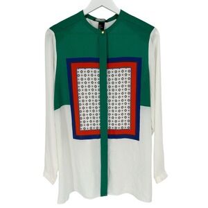 H&M Women's Blouse‎ Ivory Colorful Print L/S Chiffon Hidden Button Down Size 10